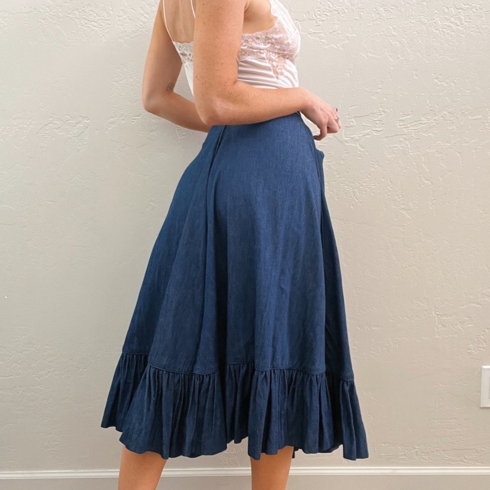 Vintage 1990s/Y2K Blue Denim Ruffle Boho Maxi Skirt - Picture 2 of 5